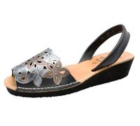 Avarca Menorquina Sandales compensées en cuir pour femme Motif floral, Noir , 40 EU