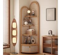 Avdnrya Dexinhdh Étagère d'angle en rotin à 4 niveaux avec panier de rangement, bibliothèque d'angle en forme d'éventail avec poulie, artisanat en rotin pour chambre à coucher, salon (marron)