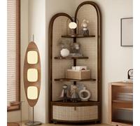 Avdnrya Dexinhdh Étagère d'angle en rotin à 4 niveaux avec panier de rangement, bibliothèque d'angle en forme d'éventail avec poulie, artisanat en rotin pour chambre à coucher, salon (marron)
