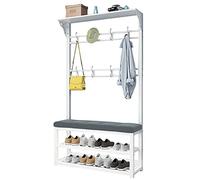 Avdnrya Portemanteau d'entrée 3 en 1 avec banc, crochets d'entrée, facile à assembler, pour vêtements, manteaux, chapeaux, clés, parapluie, blanc + gris, 80 x 30 x 172 cm