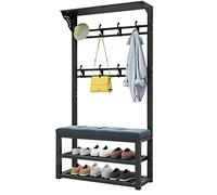 Avdnrya Portemanteau d'entrée 3 en 1 avec banc, crochets d'entrée, facile à assembler, pour vêtements, manteaux, chapeaux, clés, parapluie, noir + gris, 80 x 30 x 172 cm