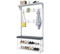 Avdnrya Portemanteau d'entrée 3 en 1 avec banc, crochets d'entrée, facile à assembler, pour vêtements, manteaux, chapeaux, clés, parapluie, (blanc + gris, 100 x 30 x 172 cm)