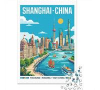 avec avec Shanghai Skyline Travel Poster Puzzle en Bois, 1000 pièces