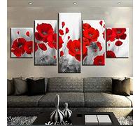 Avec cadre Peinture 5 Pièces toile de peinture Coquelicots romantiques Fleurs rouges,Art Moderne,HD Sticker Mural Modulaire Affiche Décor,Cadeau,tableau decoration murale chambre 125x60cm