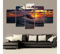 Avec cadre Peinture 5 Pièces toile de peinture mer vague coucher de soleil paysage,Art Moderne,HD Sticker Mural Modulaire Affiche Décor,Cadeau,tableau decoration murale chambre 125x60cm