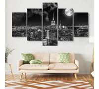 Avec cadre Peinture 5 Pièces toile de peinture New York sous la pleine lune,Art Moderne,HD Sticker Mural Modulaire Affiche Décor,Cadeau,tableau decoration murale chambre 125x60cm