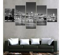 Avec cadre Peinture 5 Pièces toile de peinture Noir Blanc Pont de Brooklyn Vue de nuit sur la ville,Art Moderne,HD Sticker Mural Modulaire Affiche Décor,Cadeau,tableau decoration murale chambre