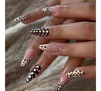 Avec faux ongles ovales, 24 pièces, beige neutre, pointes françaises avec points blancs, application facile, impression sur matériaux ABS, pointe française, impression sur jaune crème