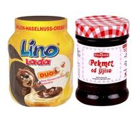 Avec Pufai Grocery, pot de 350 g de compote de prunes, lait et crème de noisette Lino Lada Duo, pâtes à tartiner au chocolat 350 g