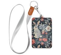Avec un fond floral et un motif de lapin de dessin animé pour femme avec cordon et 3 porte-cartes pour le personnel, les officiers, les étudiants, les médecins, les employés