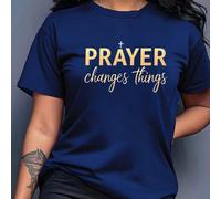 Avec une impression "La prière change tout" et un design de croix dorée - un Top décontracté à col rond doux et respirant, adapté aux loisirs quotidiens, affichant un style naturel et élégant 0XL,1XL,