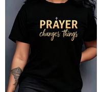 Avec une impression "La prière change tout" et un design de croix dorée - Un Top décontracté à col rond doux et respirant, convenant aux loisirs quotidiens, avec un style naturel et élégant L,M,S,XL,X