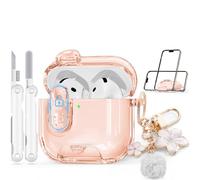 avec verrou de sécurité compatible avec Apple AirPods 4 2024, coques transparentes avec support de téléphone et kit de nettoyage, coque en TPU souple pour AirPods 4e génération, joli porte-clés bling