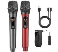 Aveek Microphone sans Fil Rechargeable,2.4GHz de Microphone Dynamique pour Karaoké, Fête, Mariage, Église, Réunion, Discours, Classe, Microphones Unidirectionnels, Gris et Rouge, 2 Pièces