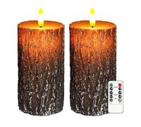 AVEKI Lot de 2 bougies sans flamme vacillantes de Noël sans flamme avec télécommande et minuteur, à intensité variable, en cire véritable, fonctionne avec piles, décoration d'intérieur (écorce) 15,2 x