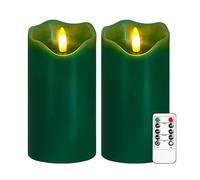 AVEKI Lot de 2 bougies sans flamme vacillantes de Noël sans flamme avec télécommande et minuteur, à intensité variable, en cire véritable, fonctionne avec piles, décoration d'intérieur (vert) 15,2 x