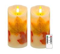 AVEKI Lot de 2 bougies sans flamme vacillantes de Noël sans flamme avec télécommande et minuteur, à intensité variable, en cire véritable, fonctionne avec piles, décoration pour la maison (feuille