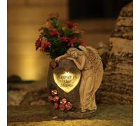 AVEKI Vase funéraire solaire 3 en 1 avec statue d'ange - Support de fleurs d'extérieur avec piquet de terre et drainage, art d'ange pour jardin, pelouse ou terrasse. Décoration funéraire solaire