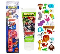 Avengers Iron Man Brosse à dents manuelle avec bouchon de voyage et dentifrice saveur chewing-gum Avengers (75 ml) Set brosse à dents et dentifrice pour enfants, plus une feuille d'autocollants 3D