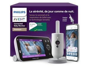 AVENT Philips Babyphone caméra Premium avec appli - caméra HD 1080 px, Suivi IA Sommeil et Respiration, interprétation des Pleurs, certifié Dekra cybersécurité maximale, Fixation Murale, SCD974/26