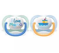 AVENT Sucette Ultra Air Happy I Love mama, 0-6m - Bateau, bleu