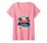 Aventure au Coucher du Soleil sur Une Plage Tropicale paradisiaque T-Shirt avec Col en V, Femme, Rose, S