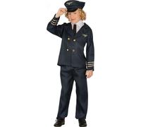 Aventure Pilote Costume Enfants Carnaval Tenue d'aviateur Uniforme Jouet Chapeau Pantalon Veste Vêtements de pilote Fête Costumée Avion Commandant, Taille : 110/116 Couleur : Bleu