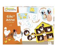 Avenue Mandarine JE516C - Une boite Educ'Avenue "La Poule Party" comprenant un Mémo 20 pièces, 10 puzzles 3 pièces, 10 cartes éducatives et un Loto 4 cartes + 20 jetons