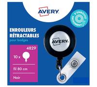 Avery – 10 enrouleurs pour badges, fil extensible 80 cm, bouton-pression, noir