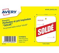 AVERY - 1000 Étiquettes Perforées Pré Imprimées "Soldé" - Format 49 x 65 mm - Papier 224g/m²