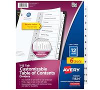 Avery 11824 Intercalaires 12 languettes pour classeur à 3 anneaux, table des matières personnalisable avec onglets blancs classiques