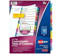 Avery 12 intercalaires pour classeur à 3 anneaux, table des matières personnalisable, onglets multicolores, 1 lot (11843)