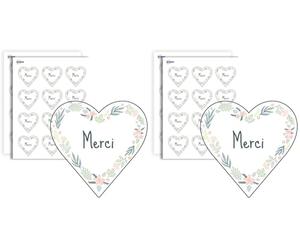 AVERY - 140 Etiquettes Merci Forme Coeur Autocollantes - 37 x 37 mm - Papier Recy ourronne de fleurs - 4 Planches A4 de Stickers Cœurs Remerciements pour Mariage, Artisanat et Fêtes (Lot de 2)