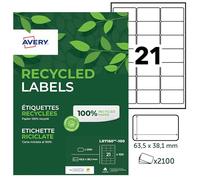 Avery Étiquettes LR7160-100 – 63,5×38,1 mm – Blanc – 21 étiquettes/feuille – 100 % recyclées