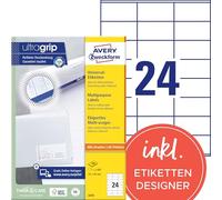Avery Étiquettes autocollantes 2400 – 70×36 mm – 24 par feuille – Laser & Jet d'encre – Blanc (3475)