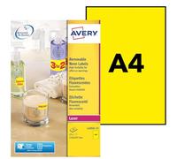Avery 25 étiquettes amovibles jaune fluo A4 210 x 297 mm, papier premium pour imprimantes laser, retrait sans trace, idéal promotion affichage magasin soldes