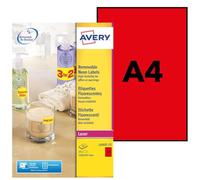 Avery 25 étiquettes amovibles rouge fluo A4 210 x 297 mm L6005 25, papier premium pour imprimantes laser, retrait sans trace, idéal promotion affichage magasin