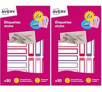 Avery - 30 Étiquettes Autocollantes Résistantes pour Crayon de Couleurs, Feutres et Stylo 4 Couleur - Format 50 x 10 mm - Design Rose Violet - Surface Blanche Inscriptible - Adhésif Permanent
