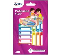 Avery - 30 Étiquettes Autocollantes Résistantes pour Crayon de Couleurs, Feutres et Stylo 4 Couleur - Format 50 x 10 mm - Motifs Smiley - Surface Blanche Inscriptible - Adhésif Permanent