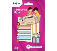 Avery - 30 Étiquettes Autocollantes Résistantes pour Crayon de Couleurs, Feutres et Stylo 4 Couleur - Format 50 x 10 mm - Motifs Animaux - Surface Blanche Inscriptible - Adhésif Permanent