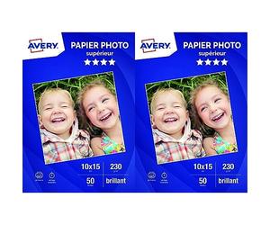 AVERY - 50 feuilles de papier photo 230 g/m² brillant qualité supérieure, Blanc, Format 10 x 15 cm, Impression jet d'encre (Lot de 2)