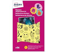 AVERY - 56 stickers réfléchissants motifs smiley pour enfants, autocollants permanents multi-supports pour sacs, casques, vélo, trottinette et rentrée scolaire, motifs fun et colorés