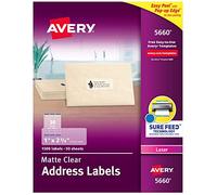 Avery 5660 Lot de 1500 feuilles d'étiquettes d'adresse transparentes/laser 1 x 2,625 1500 pièces (S)