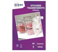 AVERY - 6 Feuilles Stickers Transparentes A4 pour impression jet d’encre, compatibles machines de découpe, idéales pour créations personnalisées, étiquettes, scrapbooking et DIY