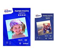 AVERY - 60 feuilles de papier photo 200g/m² brillant, Format 10 x 15 cm, Impression jet d'encre, & 80 feuilles de papier photo 180g/m² brillant, Format 10 x 15 cm, Impression jet d'encre,