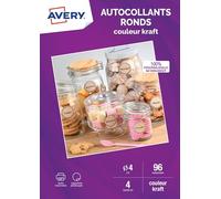 AVERY - 96 Autocollants Kraft Ronds Personnalisables - 100% Recyclés - Diamètre de 40 mm - Impression Jet d’Encre