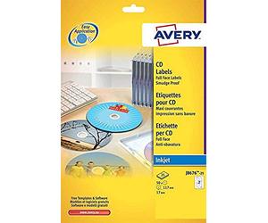 AVERY Boîte de 50 étiquettes jet d’encre monochrome pour CD et DVD J8676-25