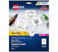 Avery Cards 35703 Lot de 180 cartes carrées avec bords arrondis 2,5" x 2,5", bord propre, laser uniquement, 180 cartes