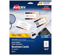 Avery Clean Edge 08873 Lot de 200 cartes de visite imprimables avec technologie Sure Feed, 5,1 x 8,9 cm, blanc texturé façon lin, pour imprimantes jet d'encre