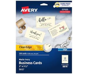 Avery Clean Edge 08876 Lot de 200 cartes de visite imprimables avec technologie Sure Feed, 5,1 x 8,9 cm, ivoire, pour imprimantes jet d’encre